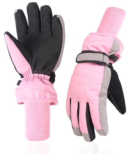 XTACER Kids Ski Snow Gloves Snowboard Winter Warm Cold Weather Gloves for Boys Girls Children (Long Cuff -Pink, 10-12 Years)