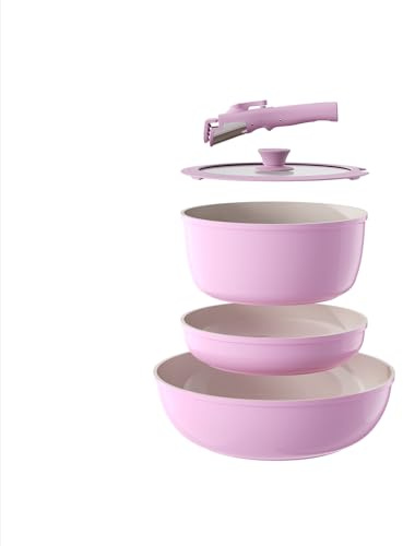 OUBRL Pots and Pans Set Non Stick, Ceramic Cookware Set Detachable/Removable Handles, RV Camping Kitchen Cooking Set, Dishwasher/Oven/Fridge Safe, Induction, Space Saving (Pink-, 5 Piece)