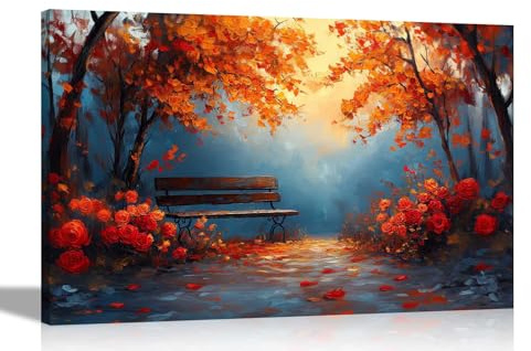 Artley Prints - Park Bench Red Roses Autumn Trees Canvas Wall Pictures For Home Office Conservatory Landscape Prints Décor Large 86 x 61cm (34 x 24 inches) A1