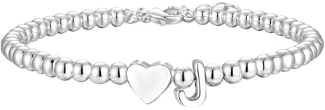 Aretas Initial Bracelets for Women Girls Silver Letter J Heart Pendant Bead Charm Bracelet Personalized Cuff Bangle Jewelry Christmas Birthday Gifts for Girls Daughter Sister Friends Jewellery