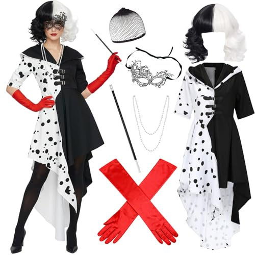 Carreuty Lot de 7 costumes de diable pour femme - Perruque noire et blanche - Robe - Masque - Colliers de perles - Gants - Baguette - Filet à cheveux - Costume de carnaval pour femme - Déguisement