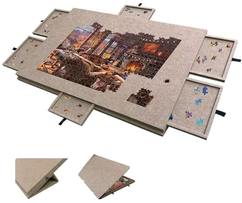 Tabellone Puzzle Inclinabile con Copertura del Supporto Regolabile, Tabellone Puzzle in Feltro Leggero con 6 Cassetti Colorati, 1000–1500 Pezzi per Tavolo da Giochi Adulti Re Dark Brown 77*53.6*4.2cm