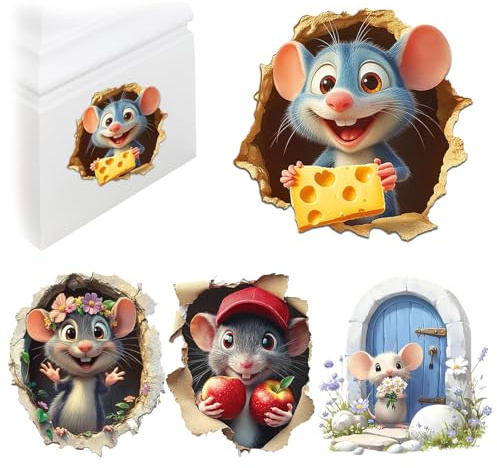 FOSDICK Pegatinas pared Decorativas,Pegatinas de Pared de 4 Unidades 3D Ratón Divertido Vinilos Decorativos Extraíbles para Dormitorio Infantil Sala de Estar Cocina Guardería Decoración del Hogar
