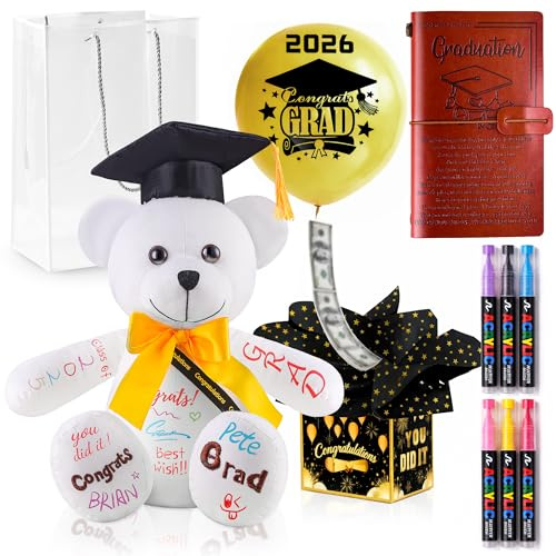 2026 Graduation Gifts Set for Him Her, 14 Autograph Graduation Bear with Money Holder for Cash Gift, Graduation Guest Book, Grad Bear Keepsake Gift Kit for Graduation Party Favor Senior College