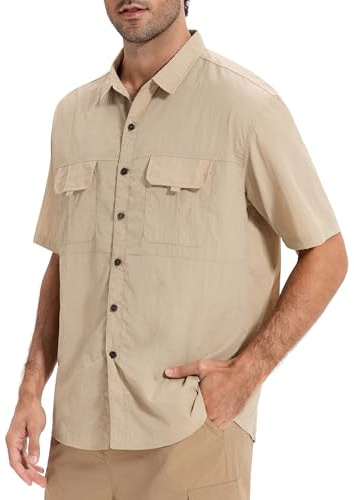 AMZSPORT Camicia da Uomo Funzionale A Maniche Traspirante con Bottoni Escursionismo Outdoor Protezione UV per Esterni, Sport, Tempo Libero, Pesca,Khaki M