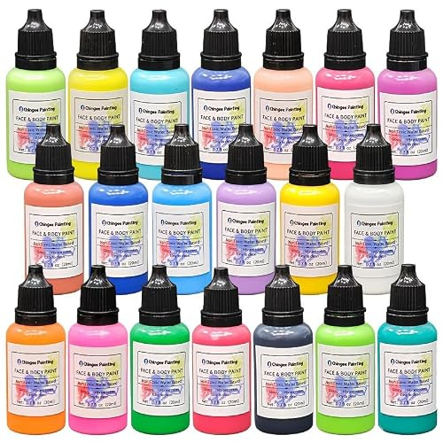 20 Colors Non-Toxic Water Based Face & Body Paint Set with 3 Brushes (0.7 oz, 20ml) for Cosplay, Mardi Gras, Halloween, Christmas, Theater, Artistic Tattoo Effects