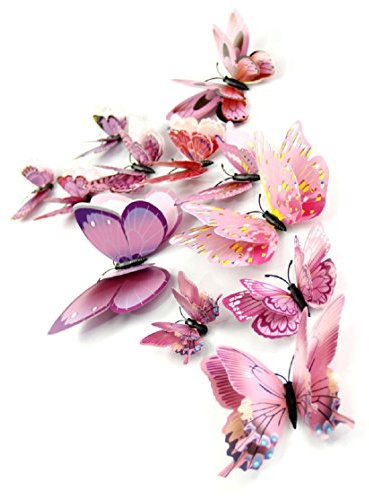 DaGou Mixed of 12PCS 3D Pink Butterfly Wall Stickers Decor Art Decorations