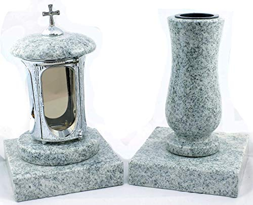 designgrab Grablampe aus verchromtem Aluminium mit Kreuz und Grabvase und 2 Stück Sockel eckig in Granit Viscont White