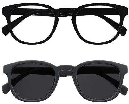 OPULIZE Pop tvåpack läsglasögon med läsning solglasögon retro rund svart grå herr dam vårgångjärn RS2-17 +2,50