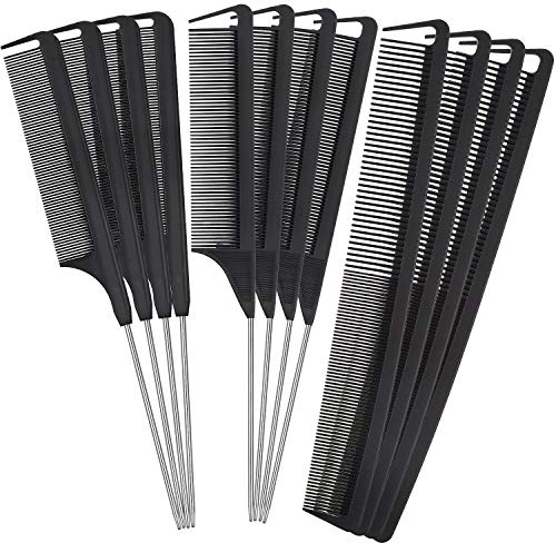 Patelai 12 Pieces Parting Comb for Braids Rat Tail Steel Pintail Fine Teeth Heat Resistant Teasing Combs with Stainless Steel Pintail(Black)