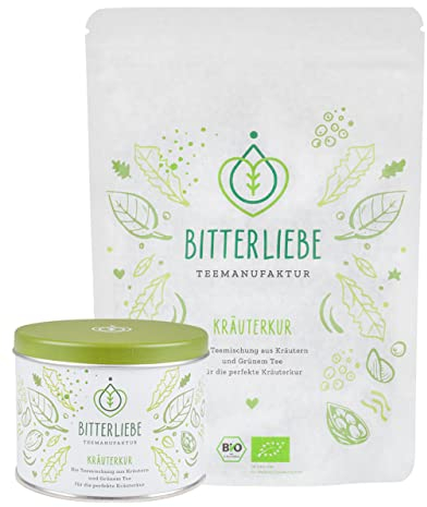 BitterLiebe® Teemanufaktur Kräuterkur Set mit Vorratsdose (50g) und Nachfüllbeutel (100g) I Bio Kräutertee lose mit der Kraft der Bitterstoffe