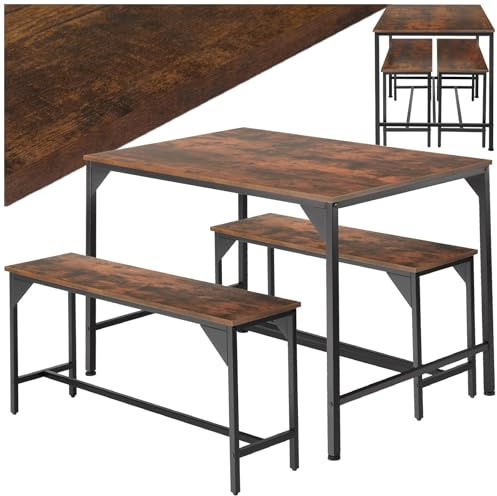 TecTake® Conjunto de Mesa y Bancos, Estilo Industrial Minimalista, Mesa de Comedor con Banco, Muebles para Salón y Cocina, Marco de Acero y Madera con Revestimiento en Polvo, Fácil Montaje - Oscuro