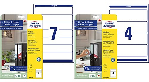 AVERY Zweckform L4760-10 Ordnerrücken Etiketten, 10 Blatt, weiß & L4761REV-10 Ordnerrücken Etiketten (40 Rückenschilder mit ultragrip, 61x192mm auf A4, wiederablösbar, breit/kurz) 10 Blatt, weiß