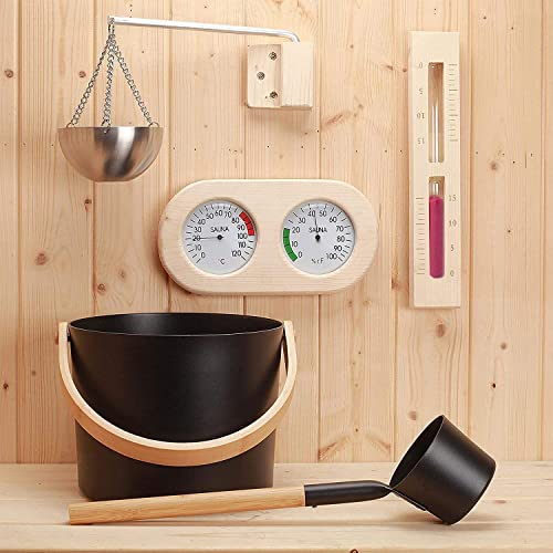 Saunakübel mit Schaufel, Saunakübel-Set mit Löffel, Sauna-Zubehör-Set mit Schaufel/Sanduhr/Thermometer/Hygrometer/Sauna-Aromatherapie-Ölbecher-Set – 5 für Sauna Dampfsauna-Eimer-Se