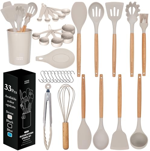 Utensili Cucina Set Termoresistenti al Calore e Antiaderente - Mestoli Spatola Cucchiaio Frusta Pinze Forbici (33 pezzi Silicone Set)
