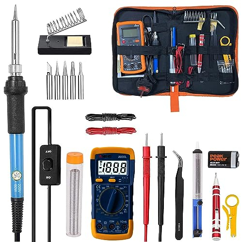 TriLine Soldering Iron Kit with Digital Multimeter, 60W Adjustable Temperature Electric Welding Tool Set with ON/Off Switch, 5 Extra Tips, Desoldering Pump, Wire Stripper Cutter, Tweezers, Stand, Bag
