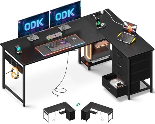 ODK Hörnskrivbord med 4 Tyglådor, 155x110cm, Svart | 4 Förvaringslådor, L-formigt Bord med Hyllor, Reversibel Design, USB och Inbyggda Eluttag för Hemmakontor