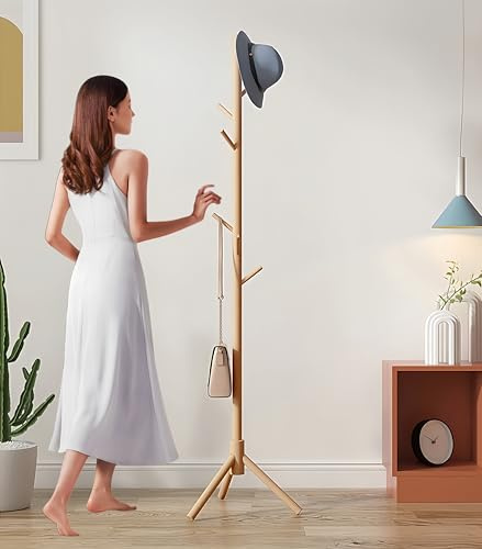 Uwenkjie coat stand，Sturdy wooden coat rack, adjustable size, with 8 hooks, suitable for hanging clothes, hats, handbags, and other items in the bedroom/office/entrance, natural wood color