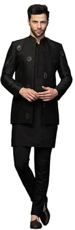 KISAH Set di pantaloni da uomo Mid Kurta Jodhpuri Bandhgala-blazer, misto cotone nero, vestibilità regolare con colletto alla coreana a maniche lunghe, Nero , 54