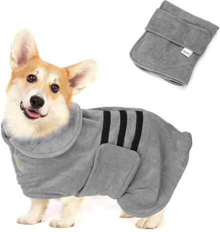Nobleza Medium Dog Cat Grey Robe Towel Drying Coat Dressing Gown Absorbent Fast Drying Adjustable Pet Bathrobe Towel