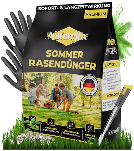 Natureflix Rasendünger Sommer | Langzeitdünger & Stickstoffdünger für jeden Rasen – der Premium Düngemittel (Körnung 2-4mm) mit Moosverdrängung | für Streuwagen (2,5kg für 125m²)