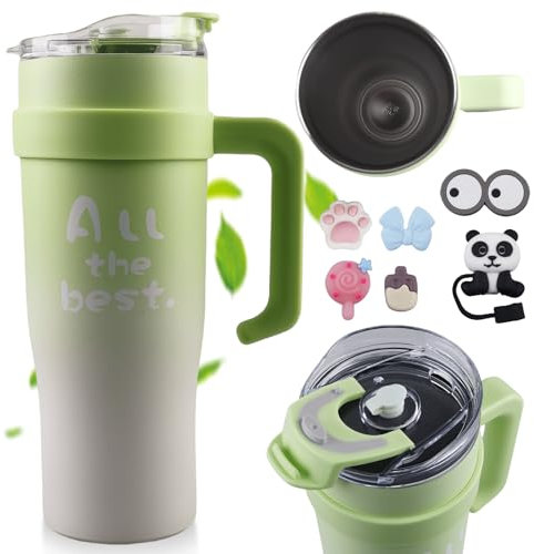 Gobelet isotherme de 1200 ml, gobelet portable avec paille et poignée, gobelet à café à emporter, gobelet isotherme à double paroi en acier inoxydable, portable, pour boissons froides et chaudes, vert