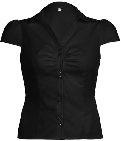 Women's Basic Button Down Shirts Cap Sleeve Lapel Collar Tight Blouse Tie Up Back Slim Fit Tops Summer Office Shirt (A-Black, L)