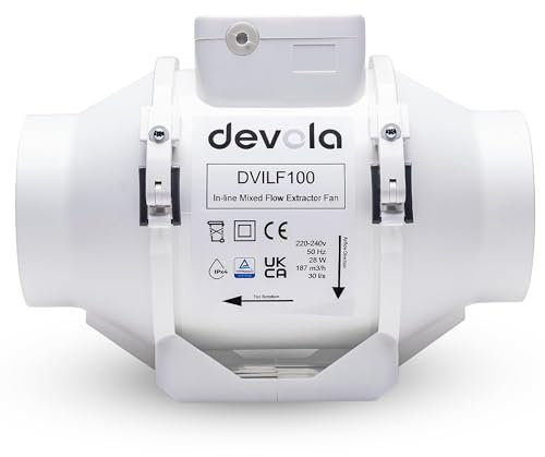 Devola 100mm Inline Mixed Flow Extractor Fan, 4 Inch Bathroom Fan, For Kitchen, Bathroom and Loft, Made in Britain (Standard Model) - DVILF100