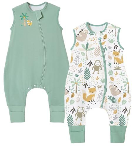 Chilsuessy, confezione da 2 sacchi nanna con piedini, 1,5 Tog, sacco nanna per tutto l'anno, tutina da sonno con gambe per neonati e bambini, 1,5 Tog/verde + animali della foresta, 100 cm/altezza del
