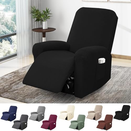 BOYIFEIJIE 1-sitsigt fåtöljöverdrag, fåtöljskydd i stretch med fickor, all-inclusive strimlad jacquard fåtöljskydd för TV-fåtölj, relaxfåtölj, fåtöljhuss (Svart, 4-delad)