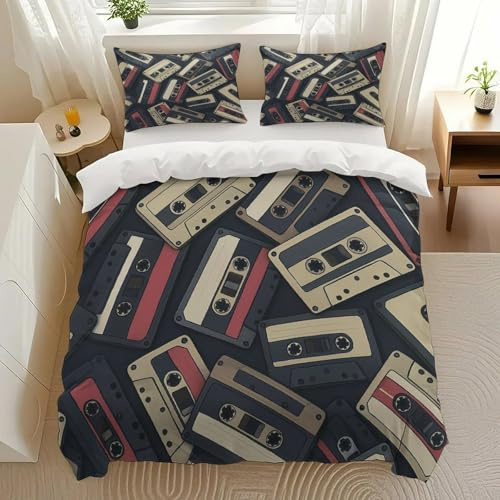 Kjdfhk Cassette Tape Pattern Bedding Comforter Sets Bedding Set 3 Pieces (1 Duvet Cover 2 Pillowcases) with Zipper Closure Lightweight