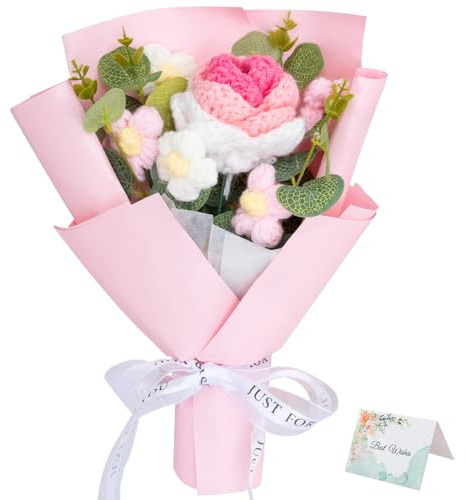 QEEYON Bouquet di rose all'uncinetto a mano, piccolo bouquet di fiori artificiali, adatto per lauree, matrimoni, compleanni, festa della mamma, sacchetto regalo e biglietto
