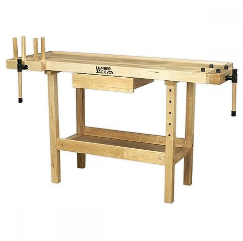 LUMBER JACK WB1520D1 Heavy Duty Woodworking Bench with 2 Clamps, Storage Drawer, Tool Well & Wooden Board Jacks, FSC Certified Hardwood, 113kg Table Capacity