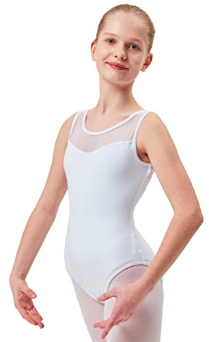 tanzmuster Kinder Ballett Trikot Emilia aus weicher Baumwolle mit breiten Trägern und Netzeinsatz vorn und hinten in weiß, Größe:152/158