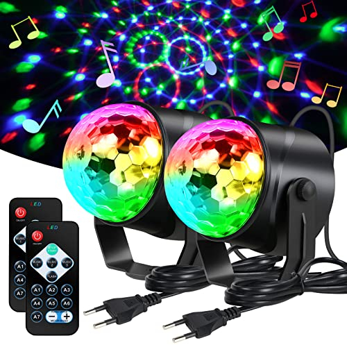 URAQT Luci Discoteca LED, 360 ° Ruotabile Musica Attivata Telecomando Luci da Festa, 7 RGBP Colori Fari per Illuminazione Palco per Natale, Bar, Club, Festa, Riunione di Famiglia (2 Pezzi)