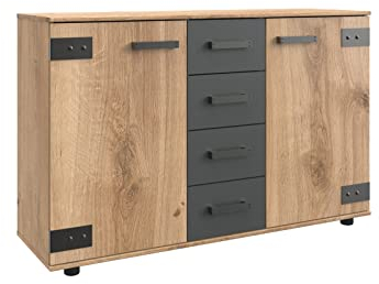 möbelando Kommode Malmö aus Spanplatte in Plankeneiche-Nachbildung mit Absetzungen in Graphit. Abmessungen (B/H/T) 130x83x41 cm