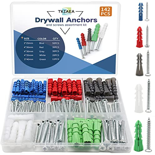 Tkiaea Drywall Anchors and Screws Kit 142Pcs, Wall Anchors and Screws for Drywall, Including 5 Different Sizes