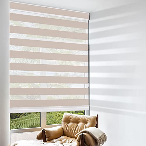 Cordless Zebra Blinds for Windows, Custom Size Zebra Roller Window Blinds, Dual Layer Blackout Zebra Roller Shades, Window Blinds for Home, Office, Kitchen, Bathroom 27 1/2 * 72in (W*H),Beige