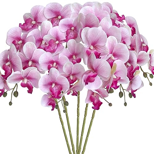 HinyoCo 5 Pcs Artificial Phalaenopsis Flowers Artificial Orchid Flowers 32 Inch Stem Plants for Home Wedding Decoration (White Flower Purple Core)