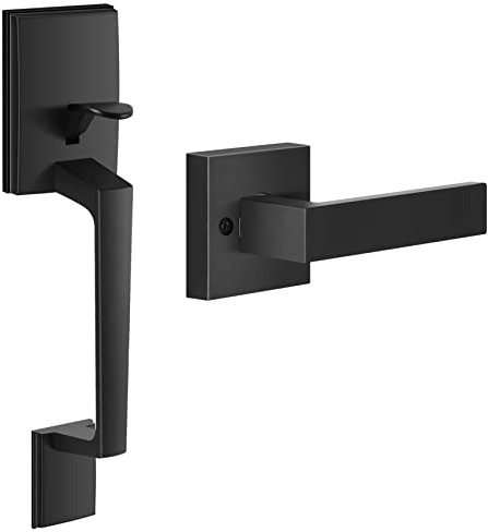 voxmude Front Door Handle Heavy Duty, Single Cylinder Modern Exterior Door Handle with Entrance Passage Lever, Interior Lever Reversible for Right and Left Sided Doors, Lower Half Grip (Matte Black)