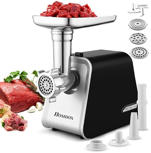Picadora de carne eléctrica, 2000 W, máquina multifuncional con 3 placas de molienda y tubos de llenado de salchichas para uso doméstico, máquina de salchichas de acero inoxidable