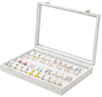 Coward Earring Organizer Tray Box, Grey Beige Velvet Earring Jewelry Display Storage Tray Case with Transparent Glass Lid for Home Drawer or Shop Selling