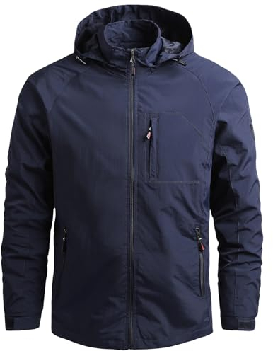 Aotoyou Blousons Homme Coupe-Vent à Capuche Imperméable Veste de Pluie Vestes de Randonnée Softshell Bleu Marine M