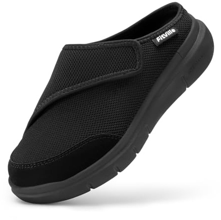 FitVille Womens Slip On Diabetic Slippers Extra Wide Comfortable Adjustable Orthopedic Walking Shoes for Edema Swollen Feet, Black, 5.5 UK X-Wide