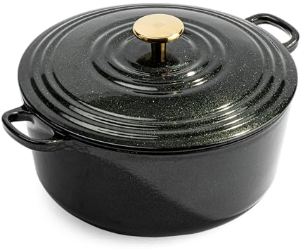 BK Cookware Bourgogne Deutsches Emaille-Gusseisen, 28cm/6,7Liter Schmortopf Auflaufform mit Deckel,Dutch Oven,Bräter,Feuertopf Induktion,Spülmaschinenfest,Backofenfest bis zu 220°C,Funkelnd Schwarz