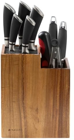Navaris Ceppo per Coltelli da Cucina - Portacoltelli Vuoto - Porta Coltello - con Setole in Plastica Rimovibili e Portautensili - in Legno di Acacia
