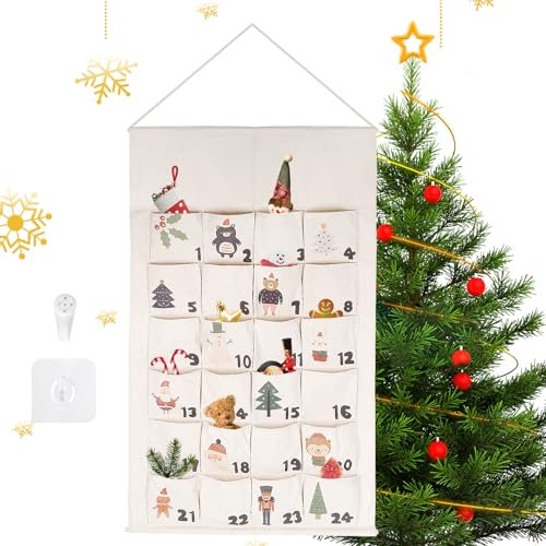Fabric Advent Calendar with 24 Pockets, Advent Calendar for Hanging, Advent Calendar for Filling, Reusable Christmas Felt Countdown Calendar, Felt Advent Calendar Wall with Pockets for Decoration