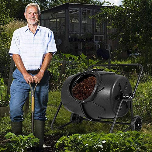 Contenedor giratorio de 360° para compostaje con soporte de acero para compostaje rápido, cubos de basura grandes para jardín, agujeros de ventilación incluidos