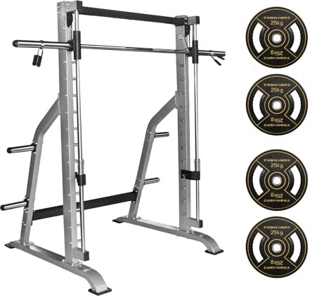 Hansson Sports® Massive 110 Kg schwere Smith Machine Multipresse Rack mit Gegengewichten und Olympia Langhantelstange, massive Kraftstation geprüfte und zertifizierte Profi Qualität (C:Mit 100KG)
