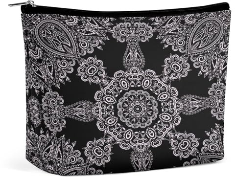 Bolsa de cosméticos portátil con estampado de pañuelos de cachemira negra, bolsa de almacenamiento multifunción, bolsa de maquillaje de PU, organizador de papelería con cremallera para reuniones de of
